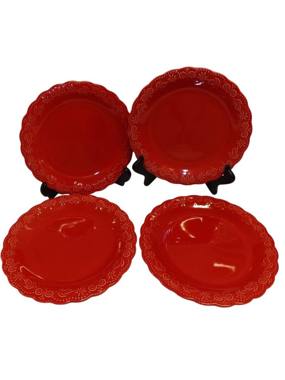 Toni Red Scalloped Salad Plates The Pioneer Woman 8.75 Embossed Design Set Of 4